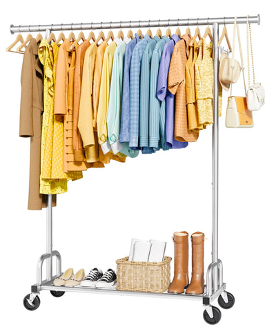 Sakugi clothes rack front view highlights tall hanging space for coats and dresses.