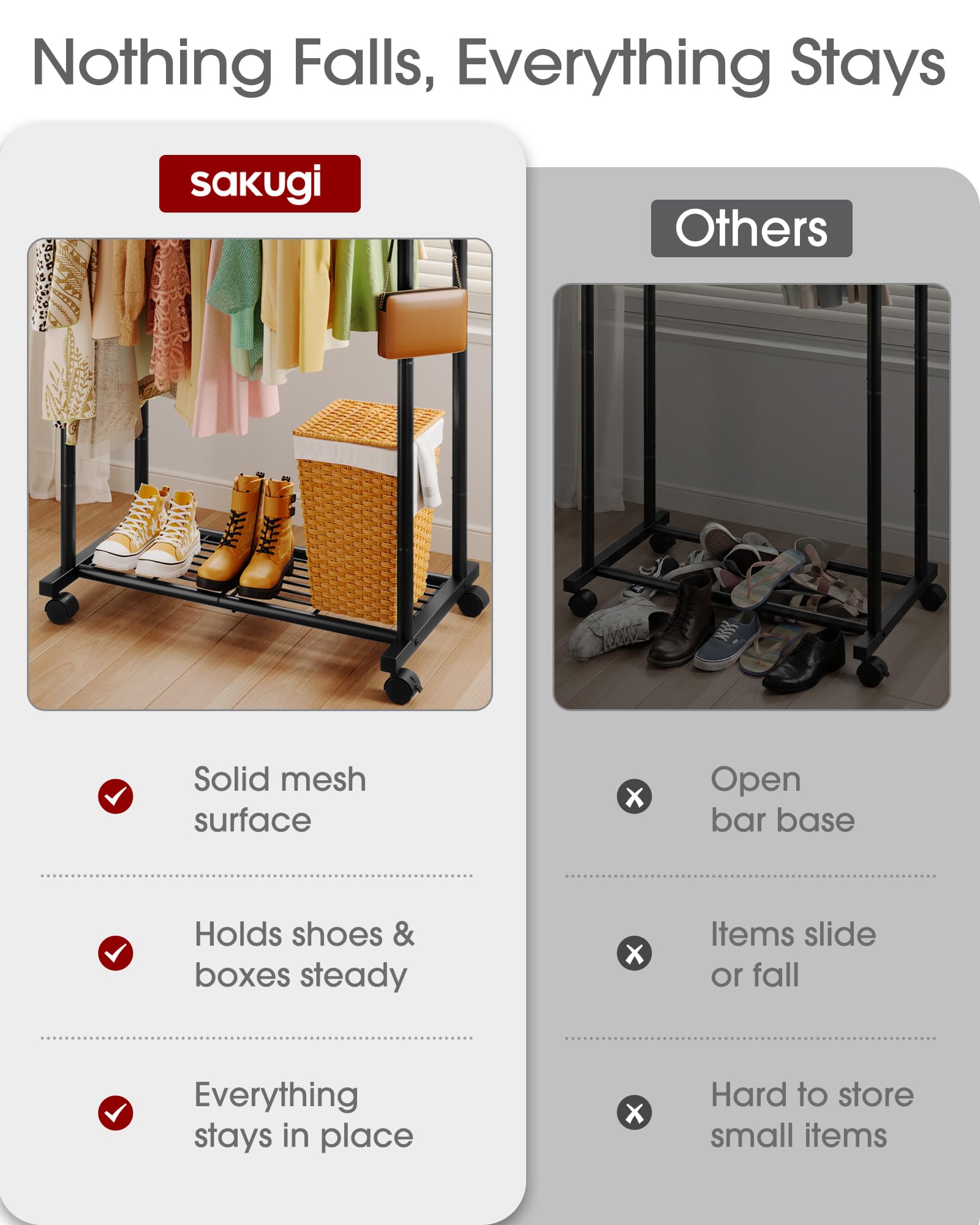 Sakugi double-rod design keeps garments accessible and neatly arranged.