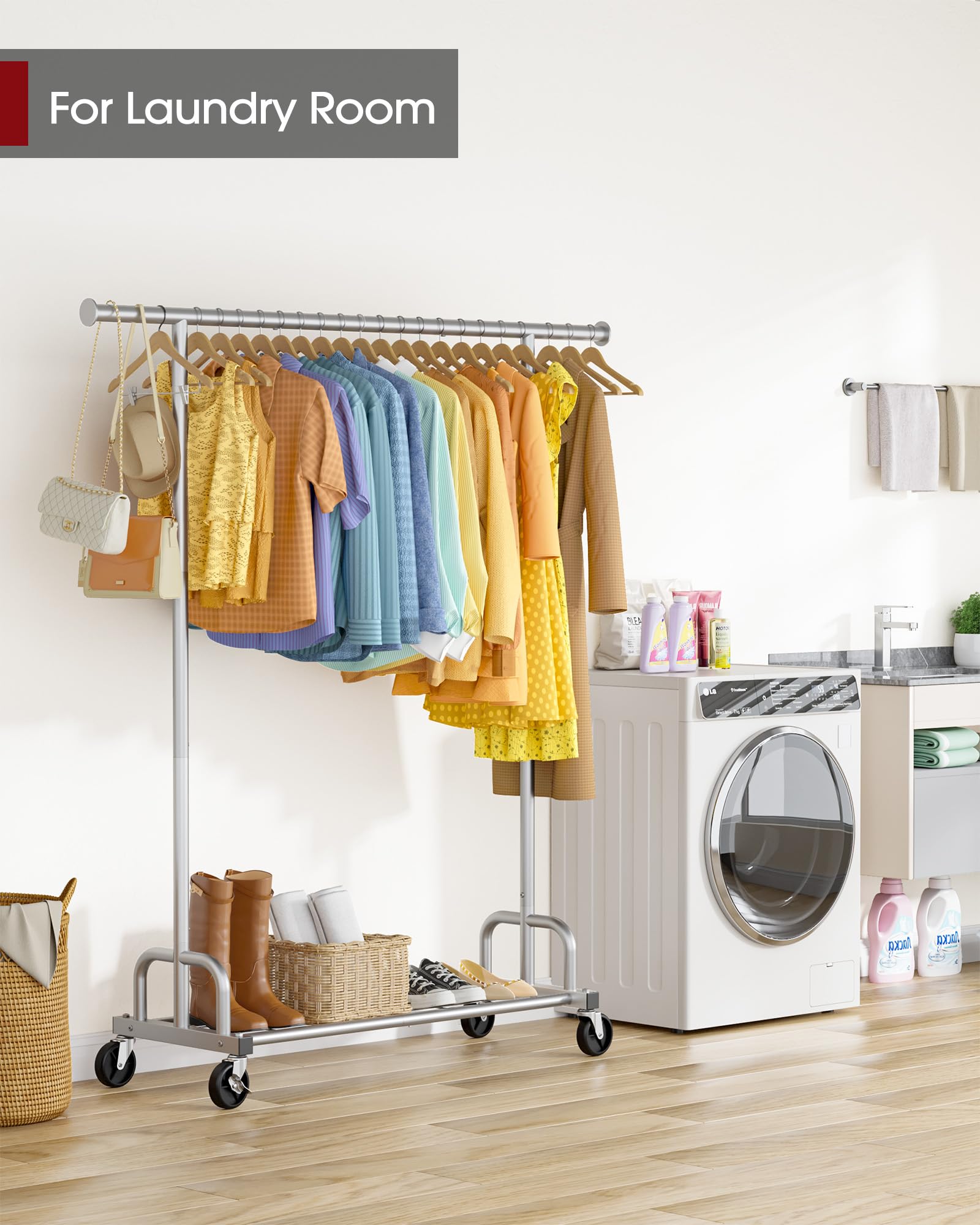 Sakugi clothes rack in bedroom creates tidy vertical storage.