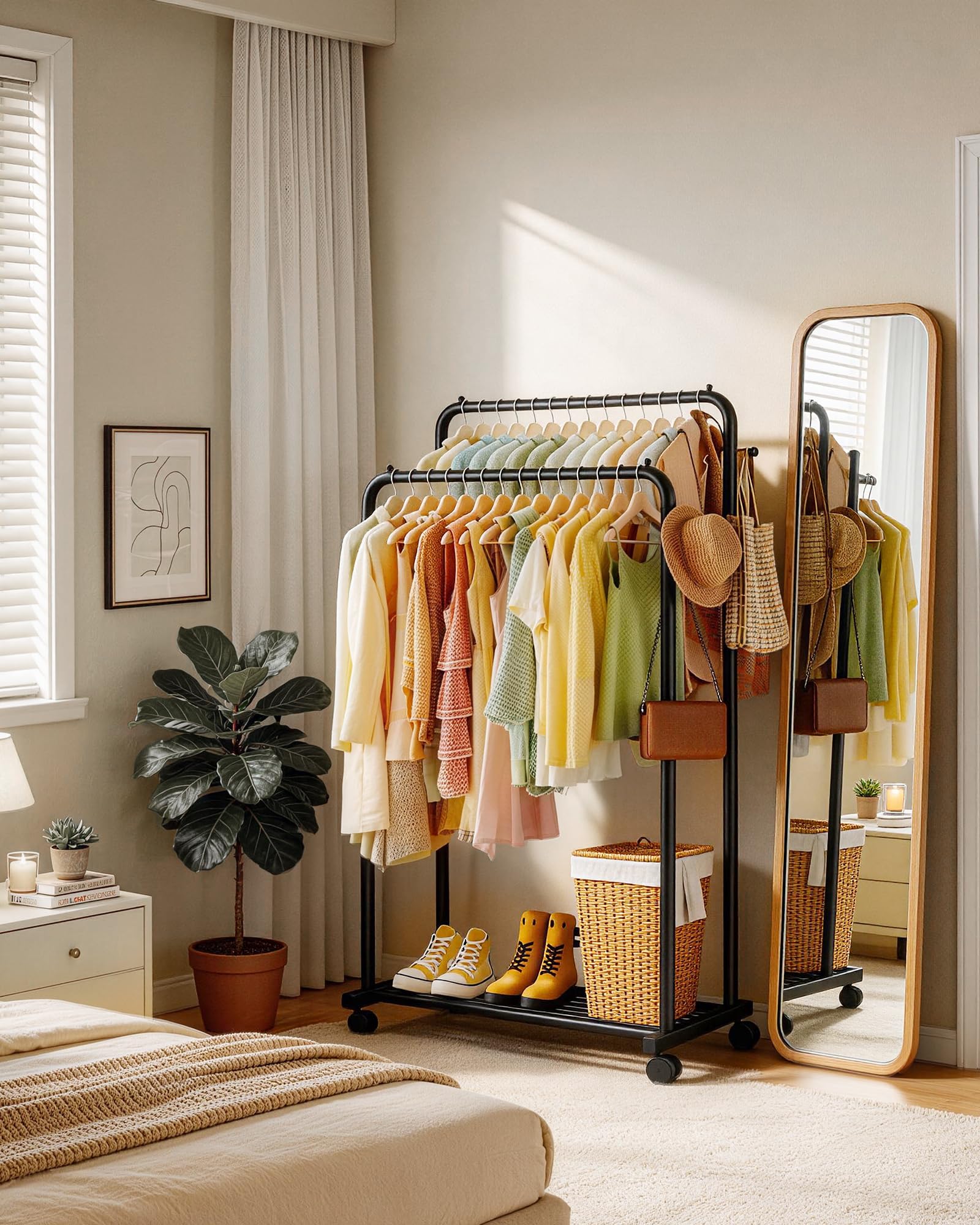 Sakugi rack in a laundry area demonstrating convenient storage and airflow.