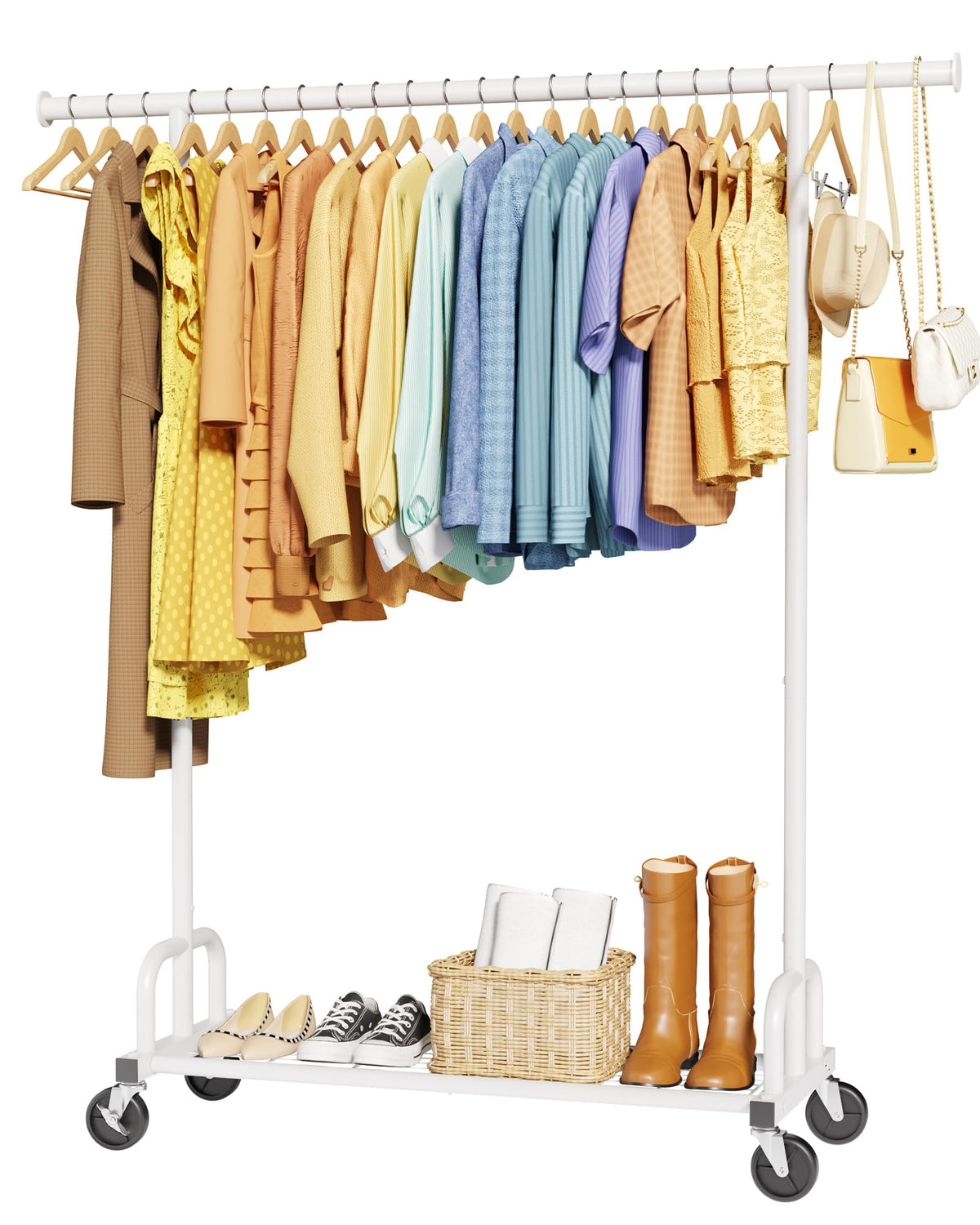 Sakugi clothes rack in living room showcases ample hanging space for outfits.