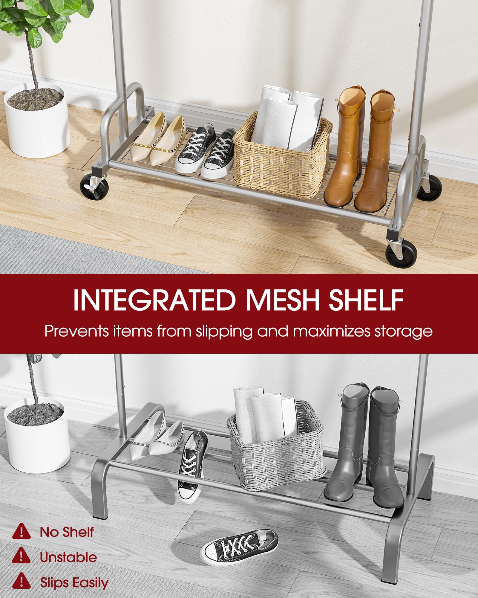 Sakugi clothes rack lockable wheels allow secure placement.