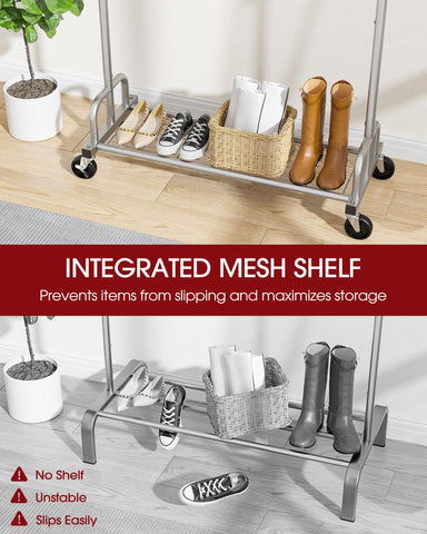 Sakugi clothes rack lockable wheels allow secure placement.