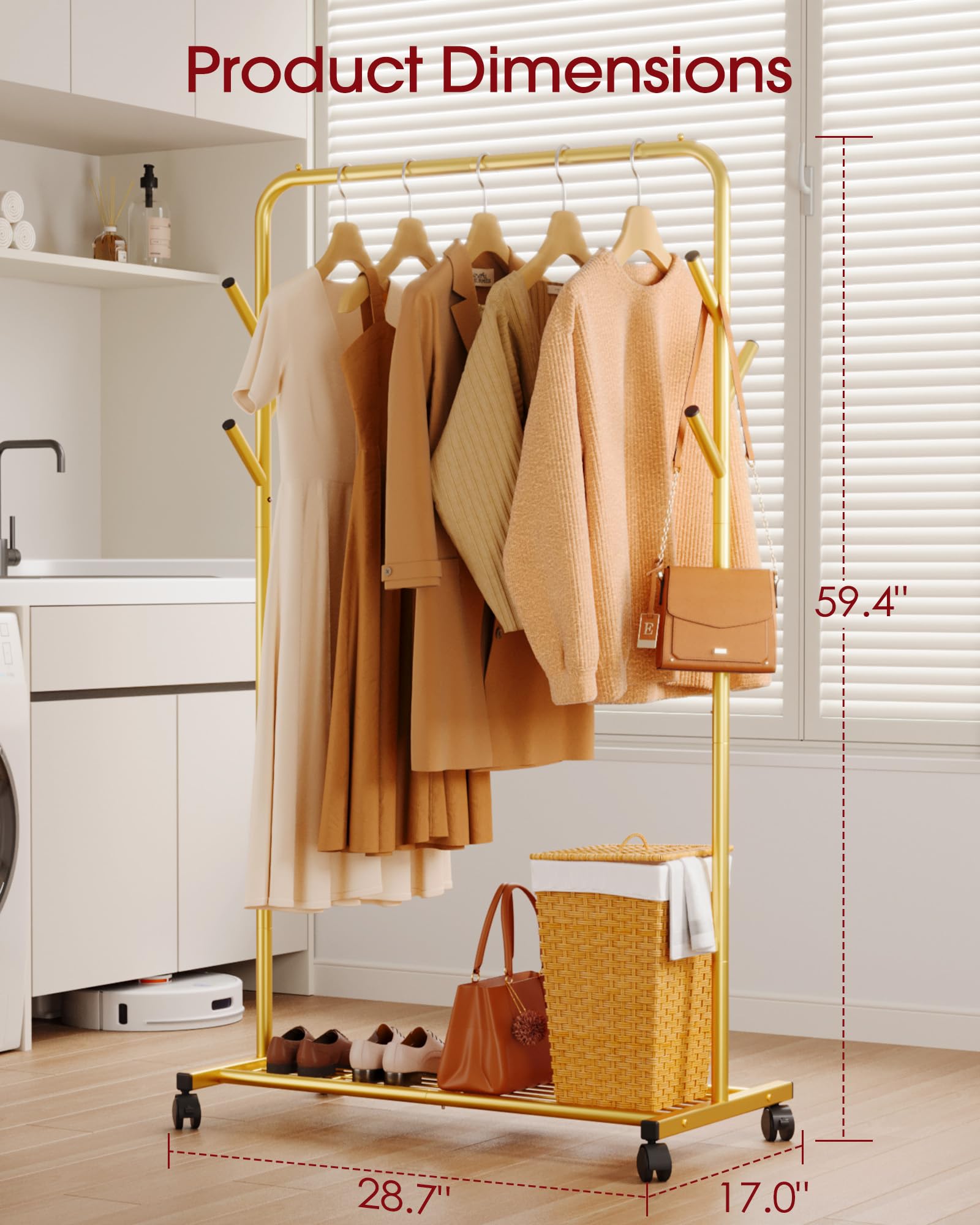 Sakugi rolling rack with 360-degree wheels for easy movement and repositioning.