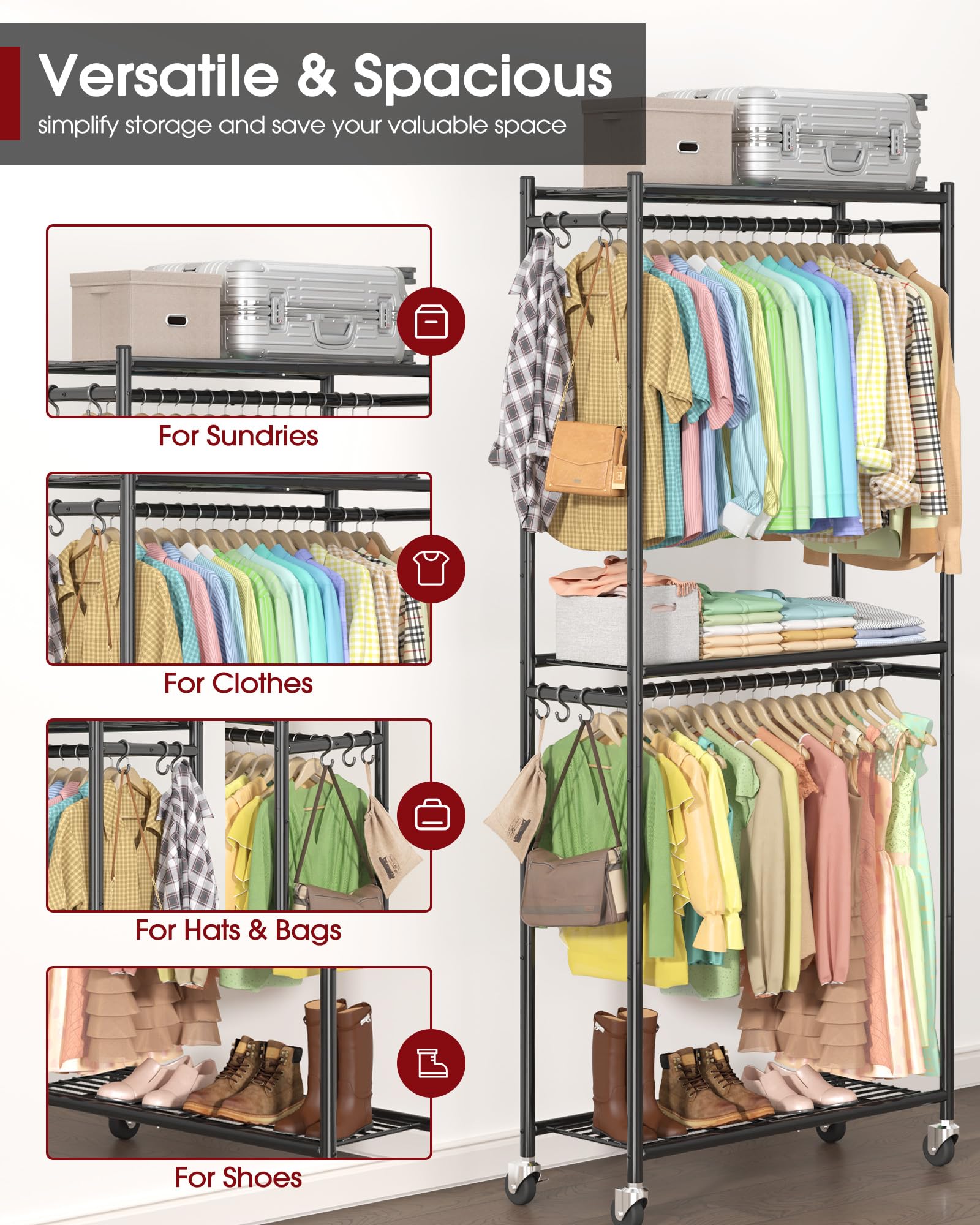 Sakugi Clothes Rack rolling wheels enable easy relocation around the home