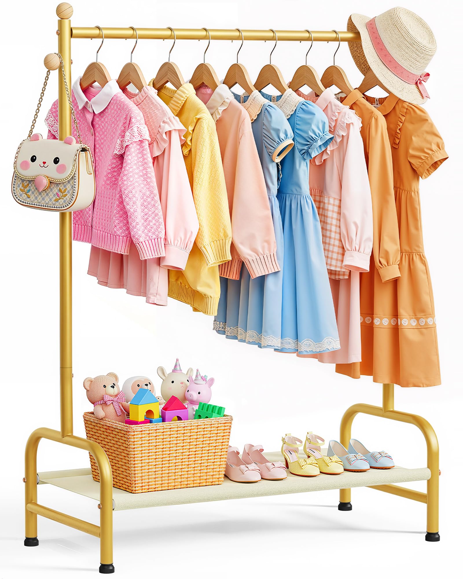 Sakugi clothes rack side view highlighting sturdy metal frame and wooden hooks for easy organization.