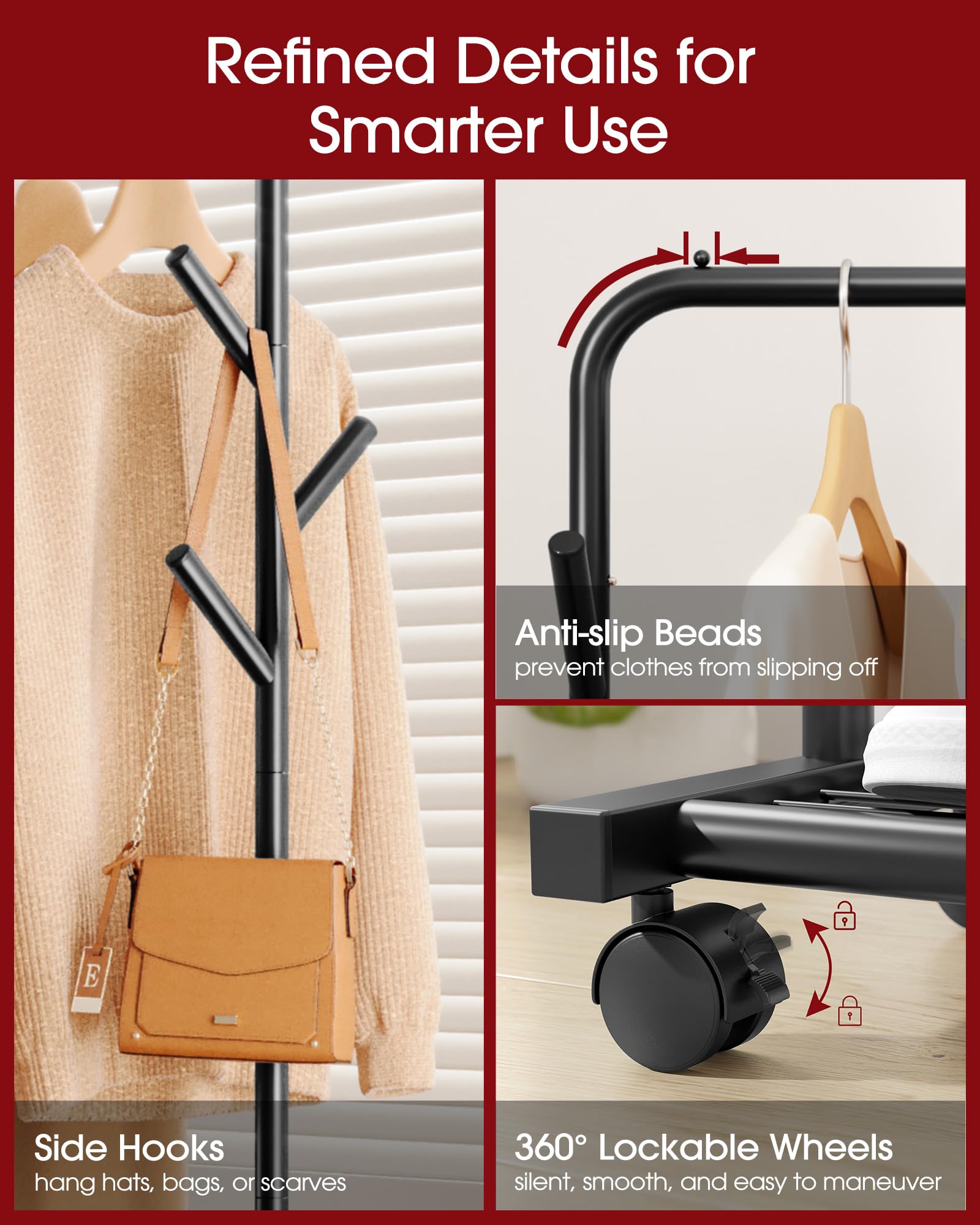 Sakugi Clothes Rack six side rods provide versatile hanging options.