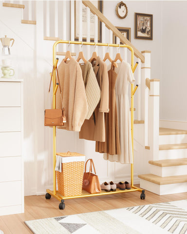 Sakugi clothes rack with six side rods for organizing shirts and jackets.