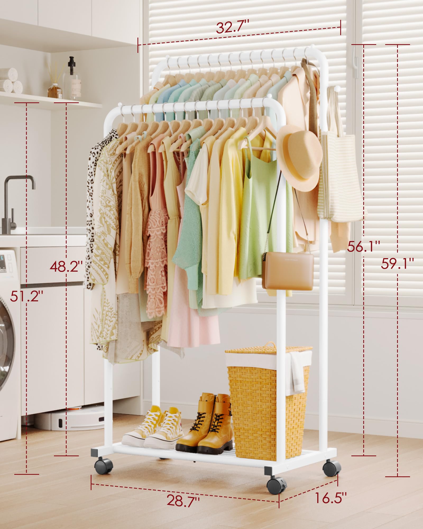 Sakugi clothes rack with wheels and two lockable wheels for mobility and security