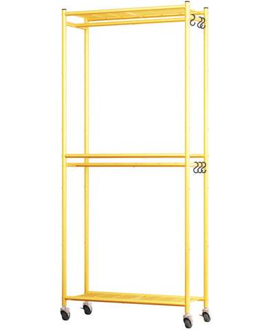 Sakugi clothes rack with wheels enables easy relocation around bedroom or laundry area.