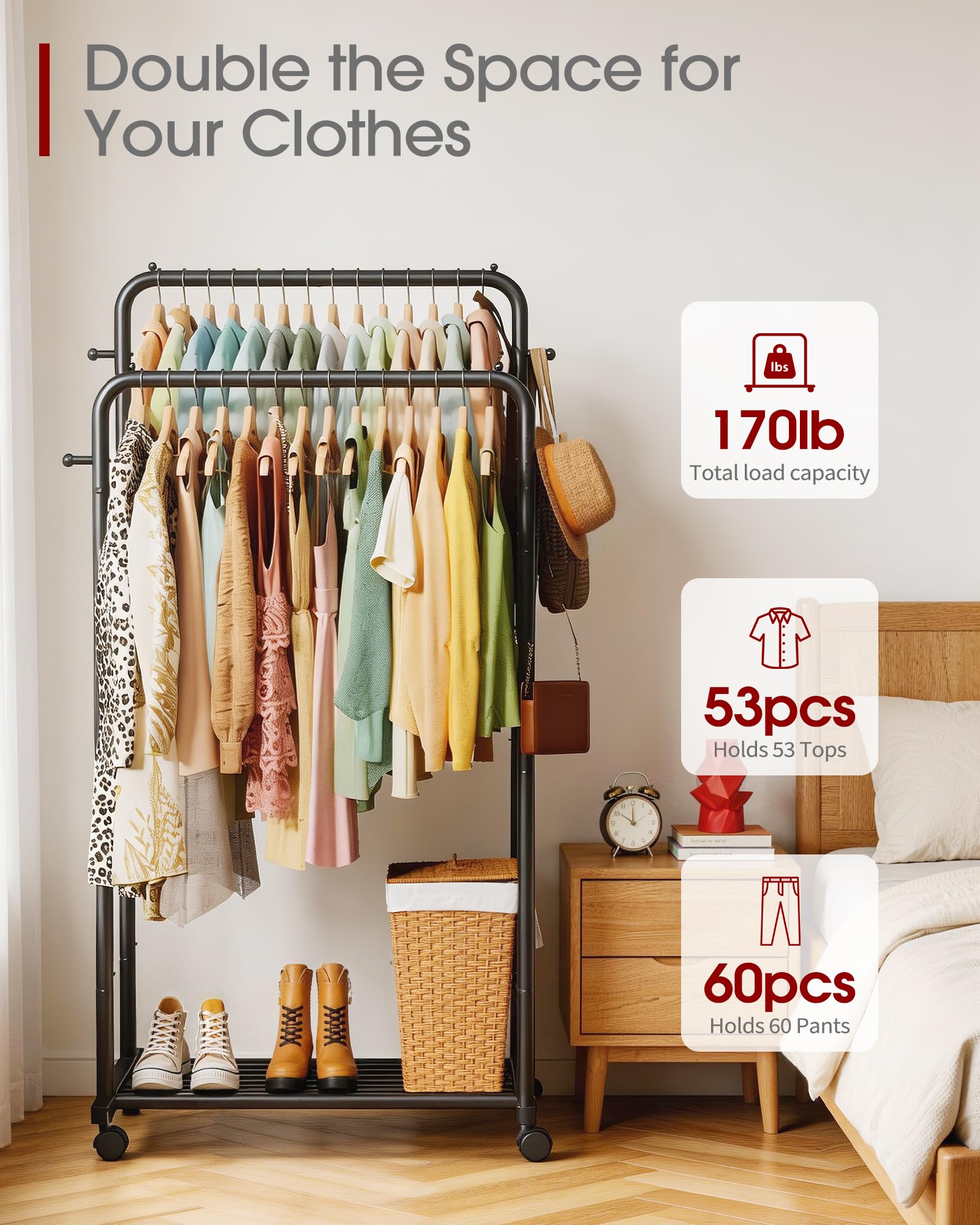 Sakugi rack on wheels moves smoothly for effortless room reorganization.