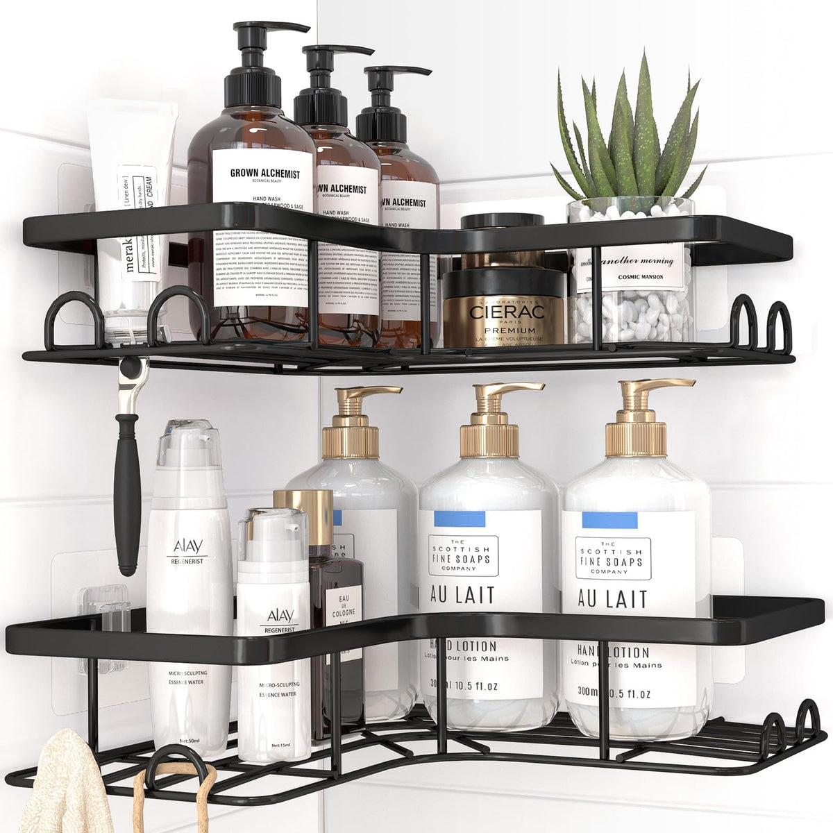 Sakugi corner shower caddy with adhesive installation for drill-free setup.