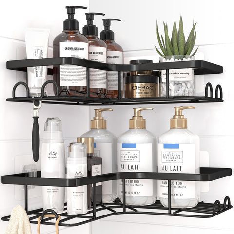 Sakugi corner shower caddy with adhesive installation for drill-free setup.