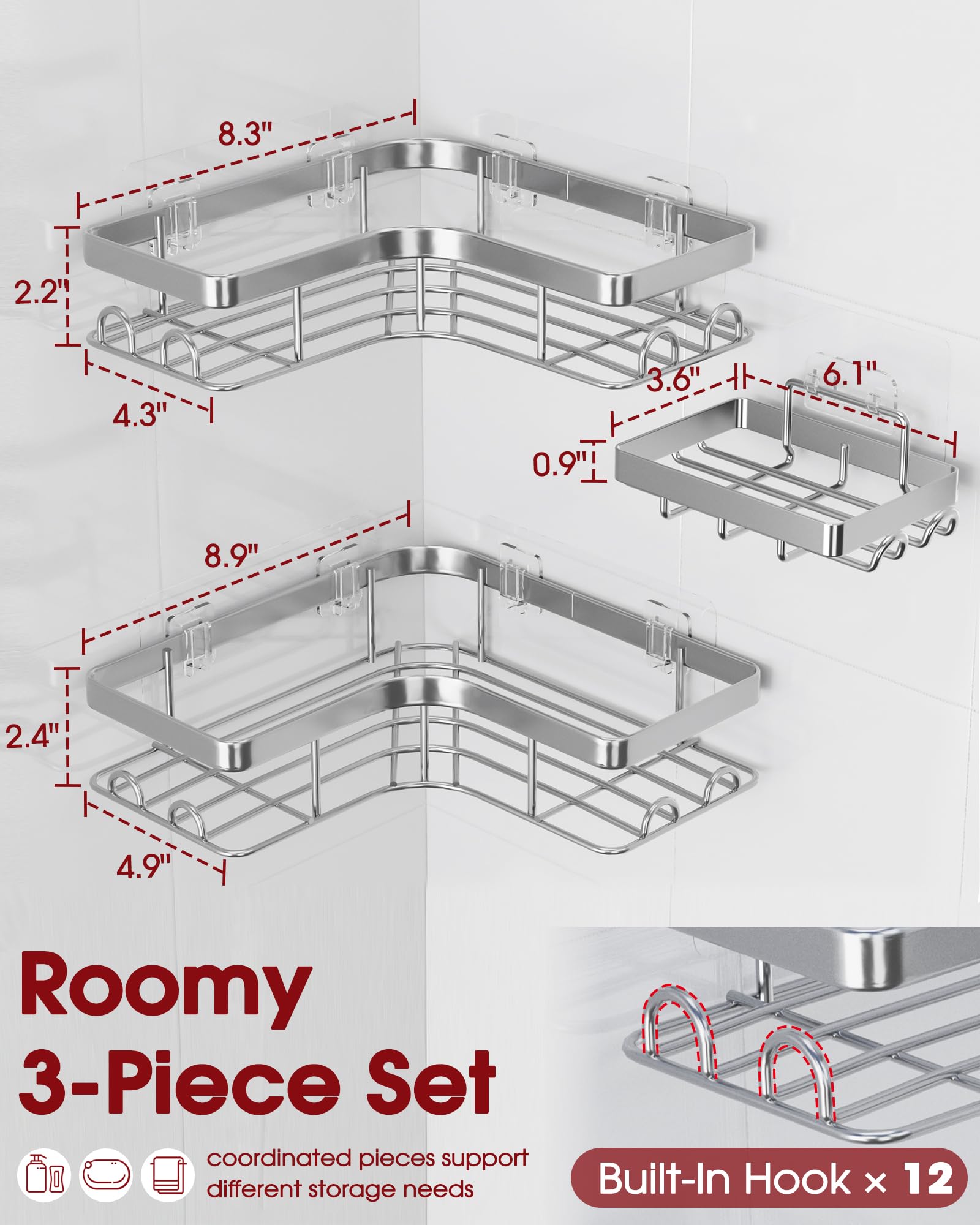 Sakugi Corner Shower Caddy built-in hooks for razors and towels, easy reach.