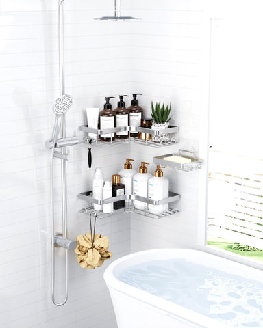 Sakugi Corner Shower Caddy drill-free install with adhesive tapes, no tools needed.