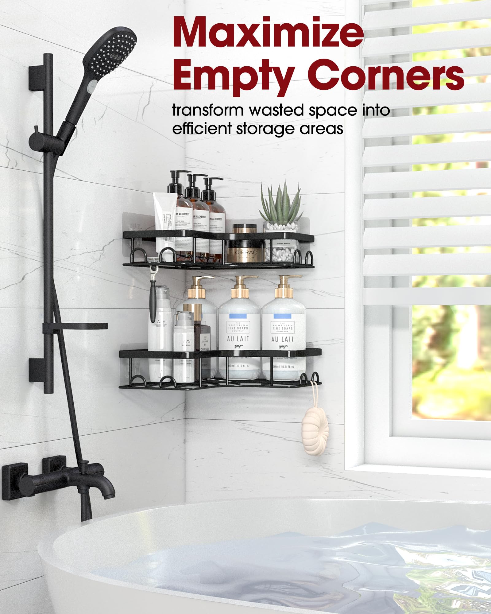 Sakugi corner shower caddy with eight hooks keeps bath essentials organized.