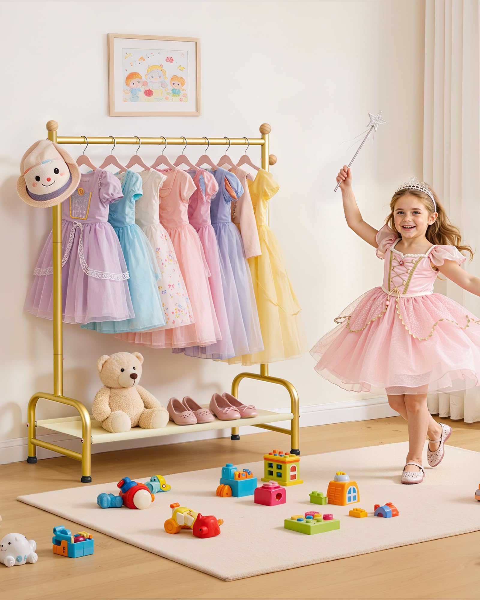 Sakugi dress-up rack in a kid’s room demonstrating accessible storage and neat display.