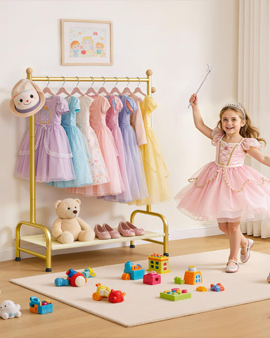 Sakugi dress-up rack in a kid’s room demonstrating accessible storage and neat display.