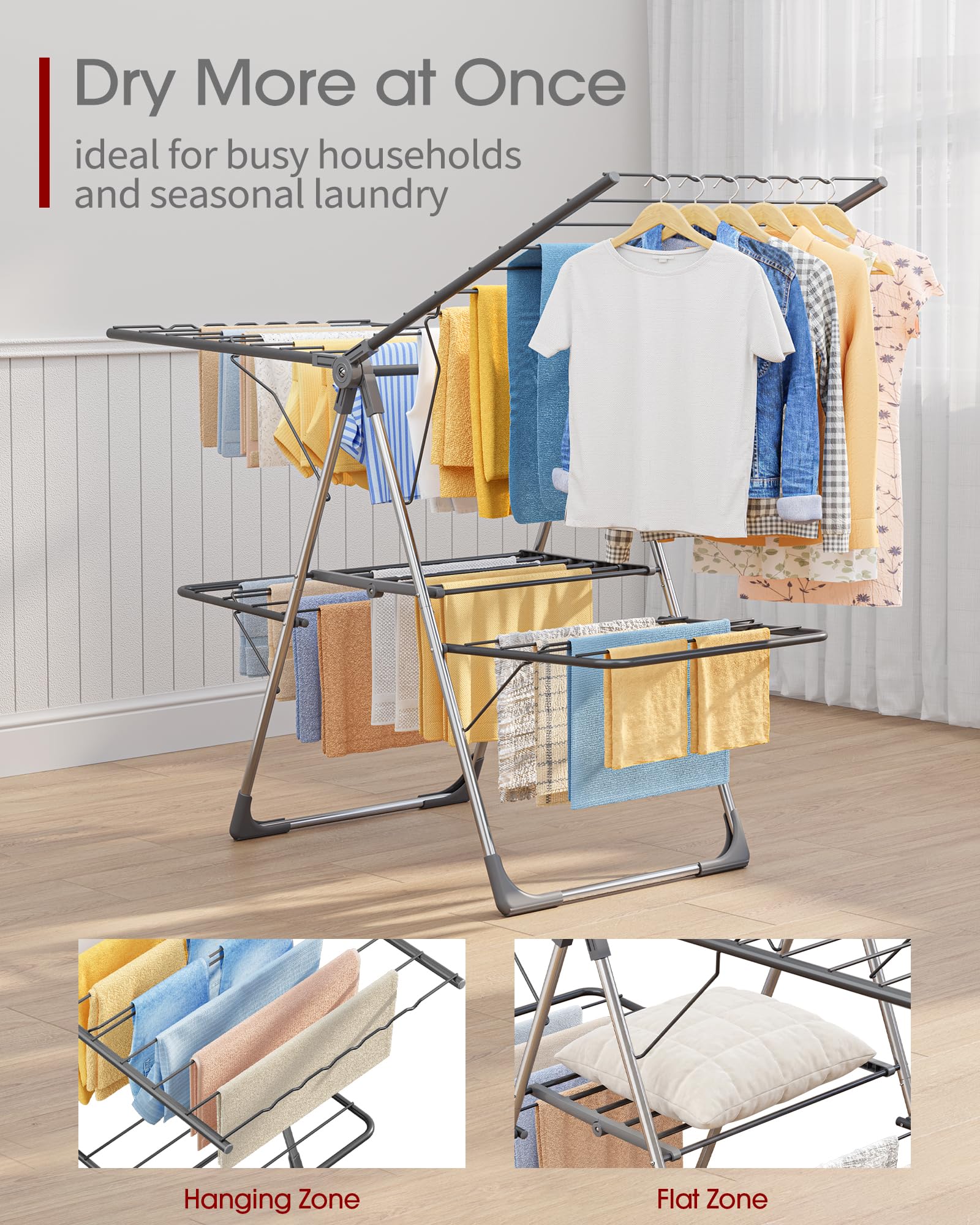 Sakugi height-adjustable wings accommodate long garments and bedding.