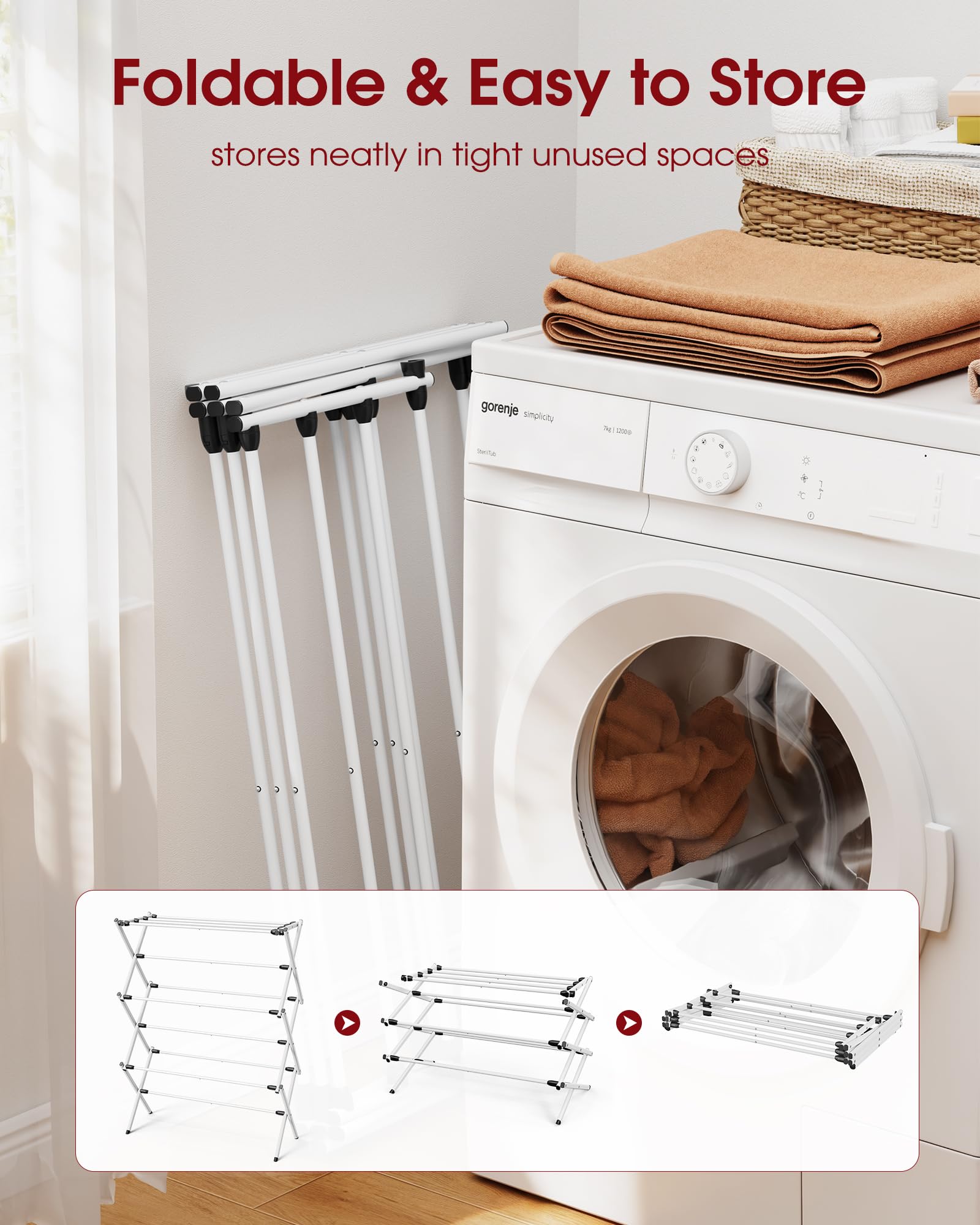 Sakugi foldable drying rack lower zone keeps socks and small items neatly separated.