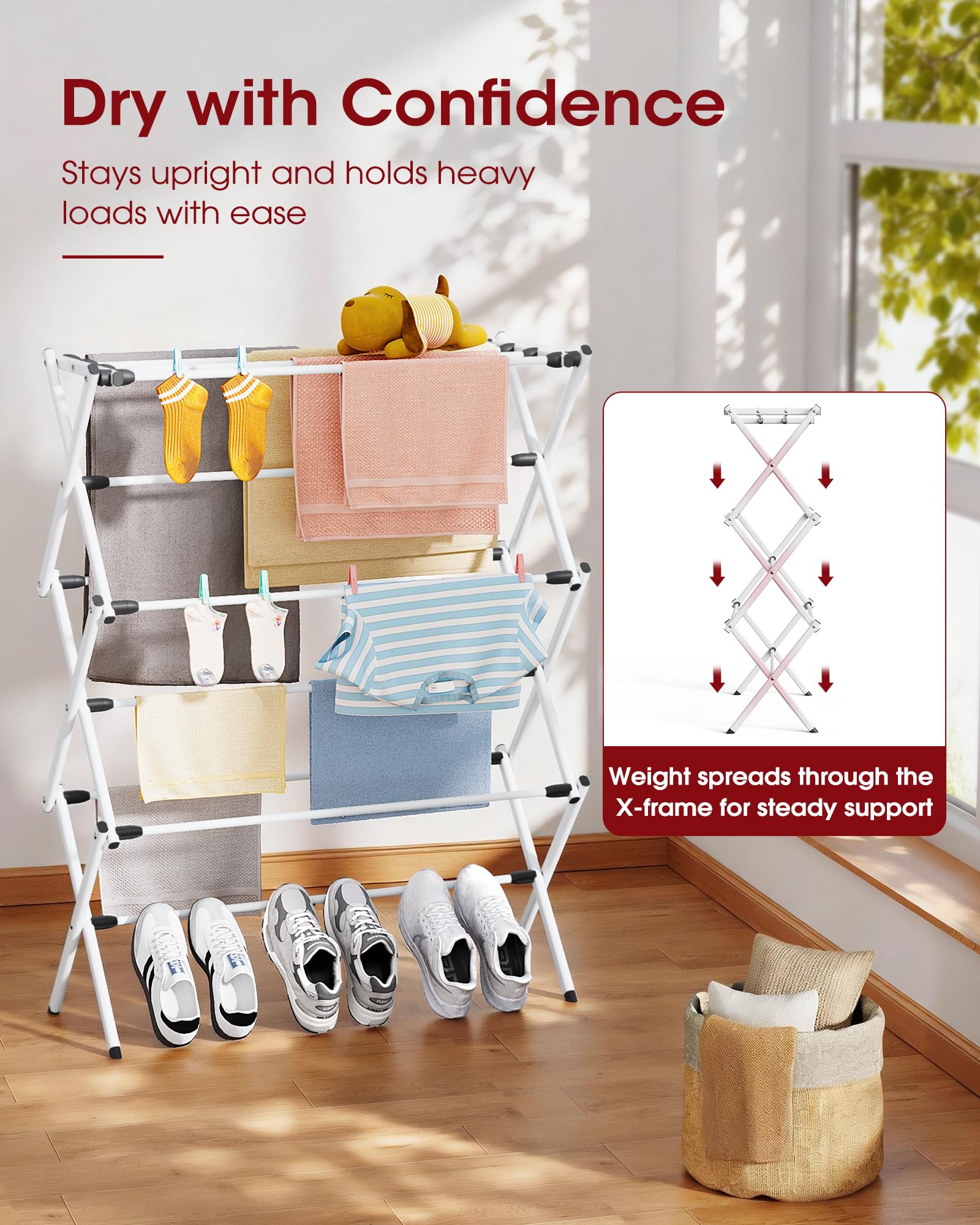 Sakugi foldable drying rack middle bars organize shirts and towels for faster drying.