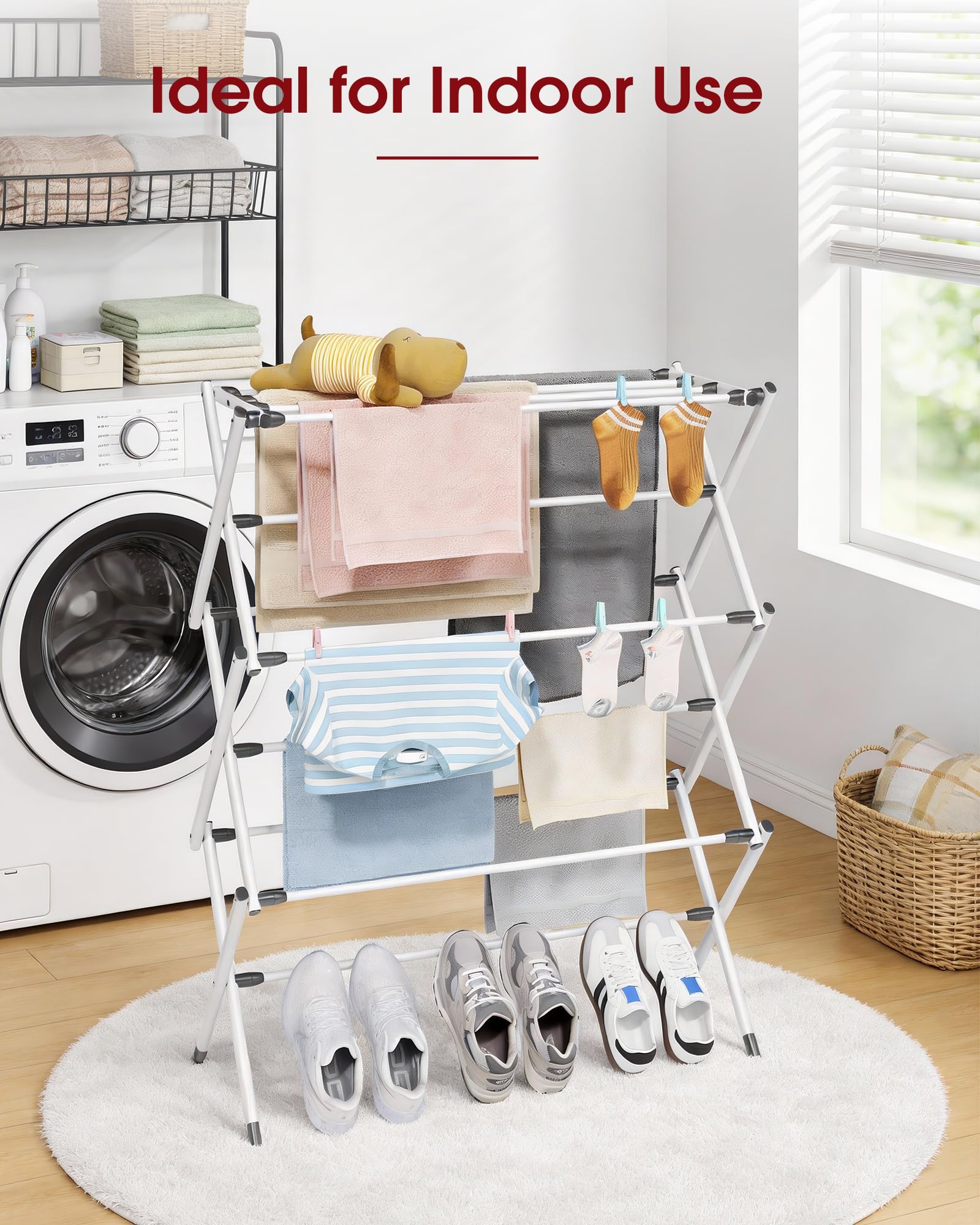 Sakugi foldable drying rack tool-free assembly makes setup quick.
