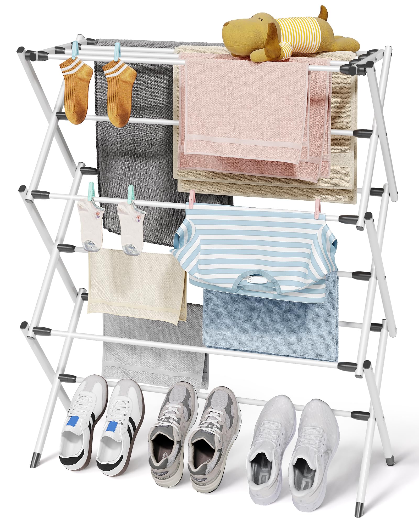 Sakugi foldable drying rack top area for pillows enhances air circulation.