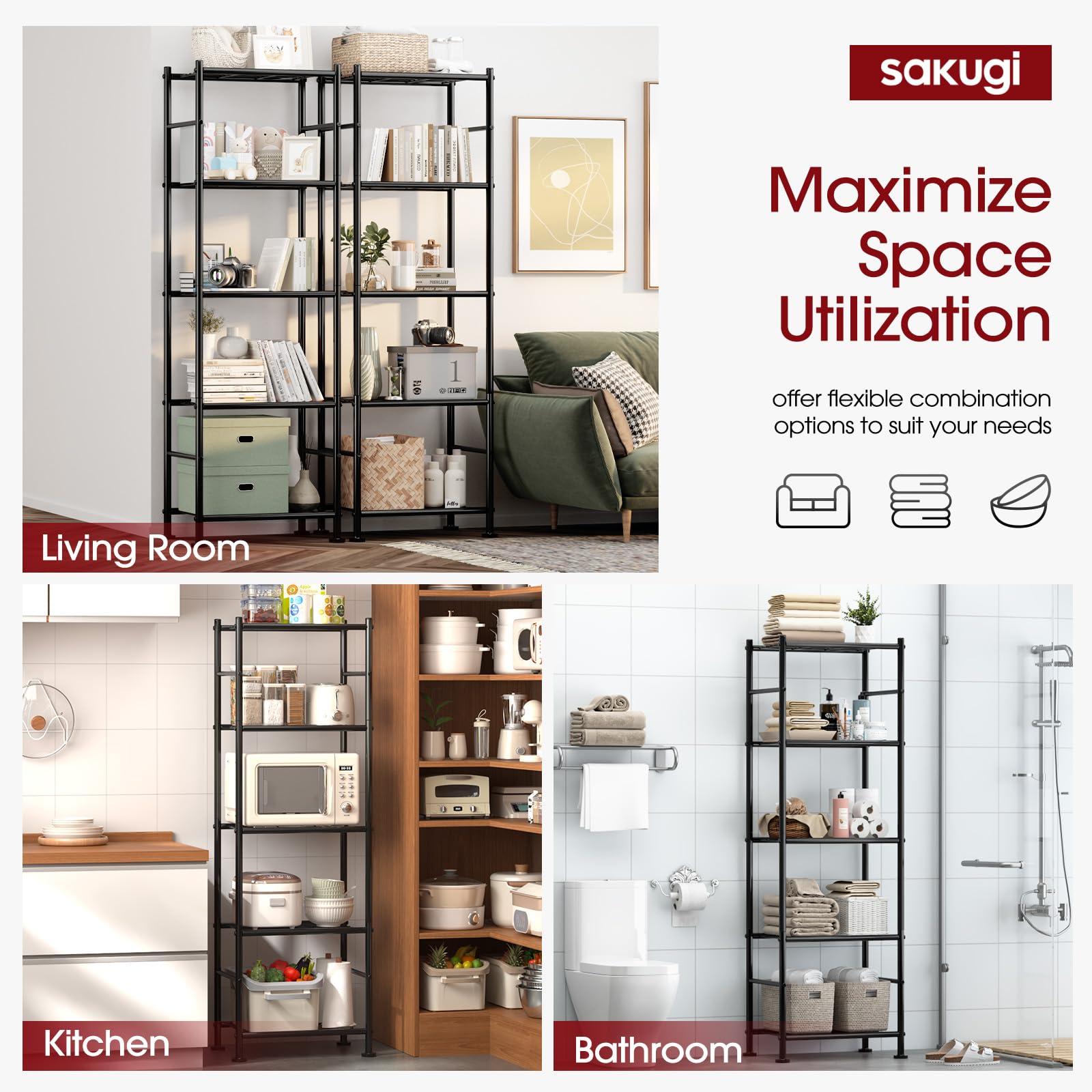Sakugi shelves organizing garage tools and storage boxes.