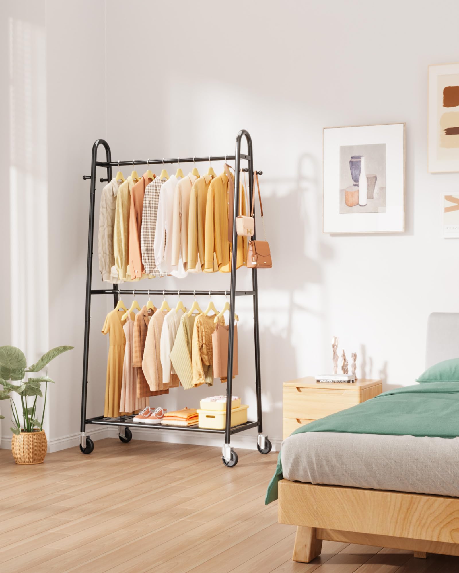 Sakugi heavy-duty clothes rack double hanging rods ideal for coats and dresses.