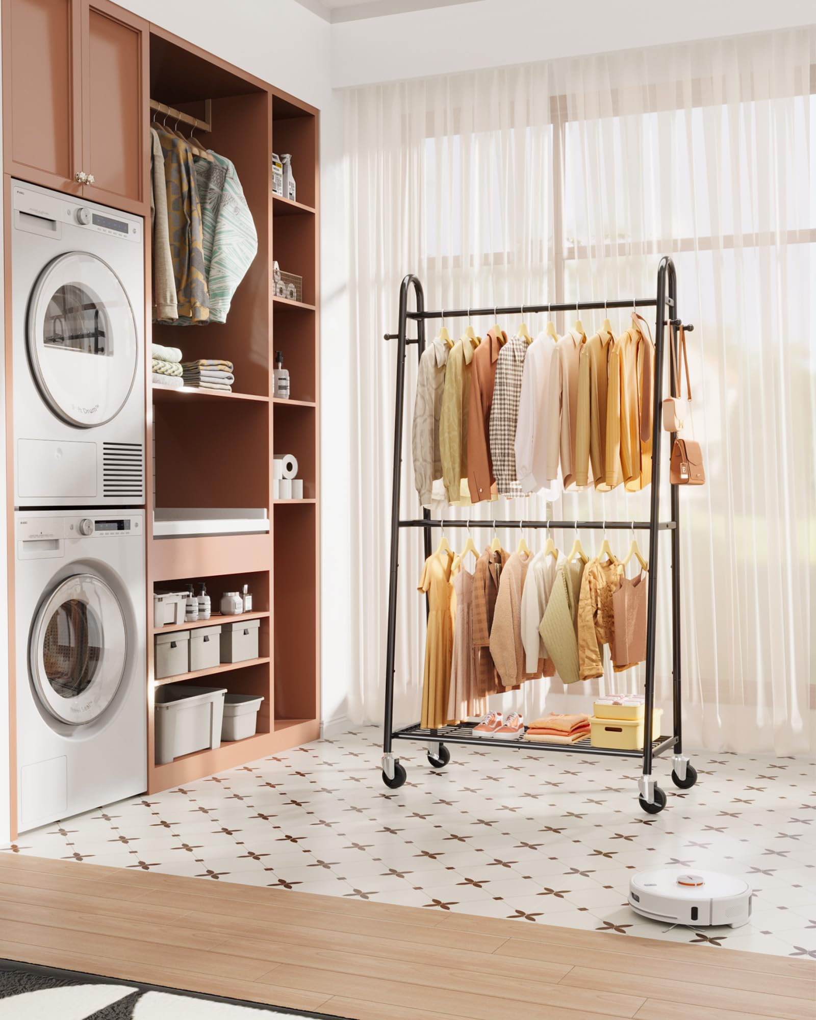 Sakugi heavy-duty clothes rack fully assembled in a bedroom setting.