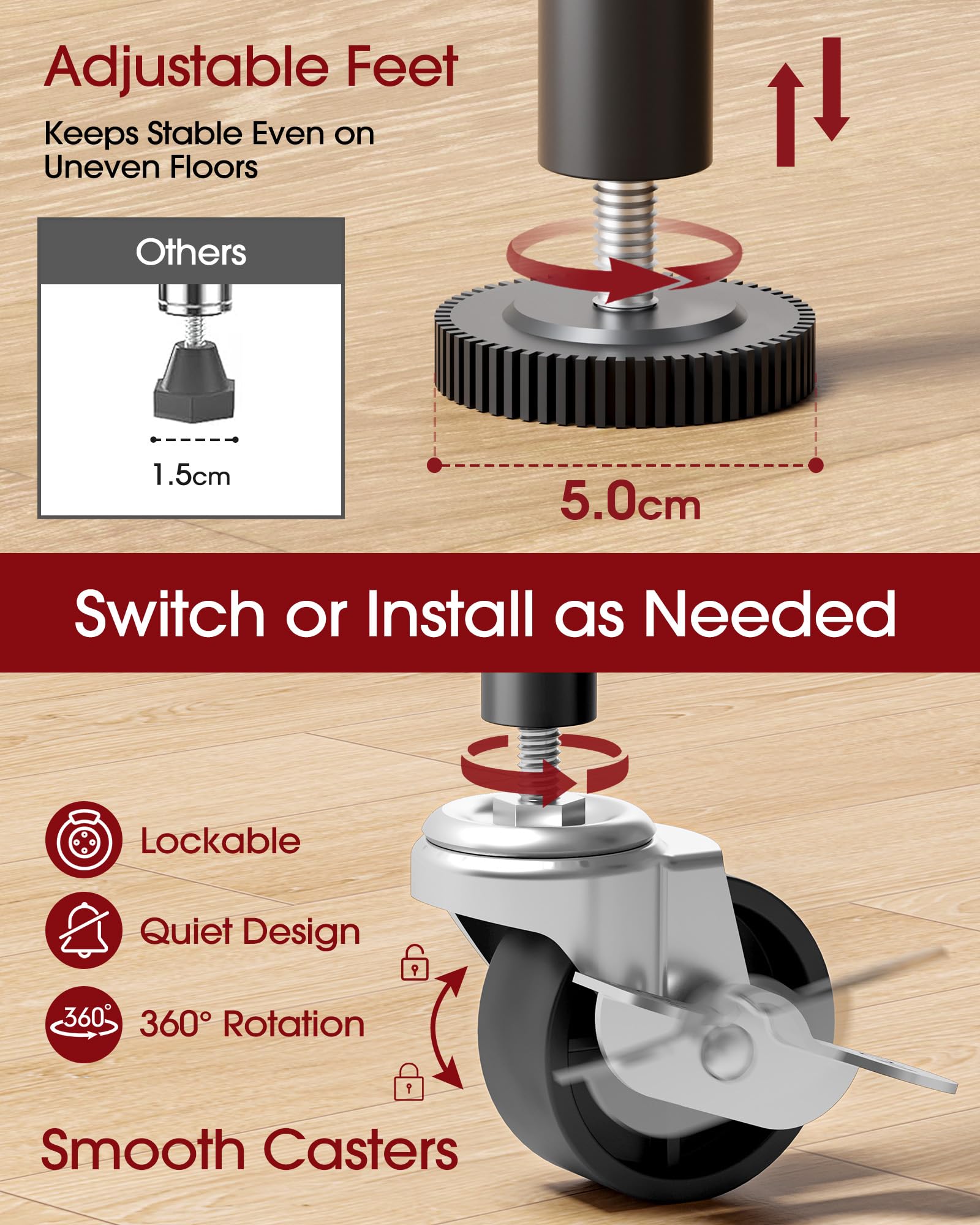 Sakugi heavy-duty clothes rack quiet caster wheels for smooth mobility.