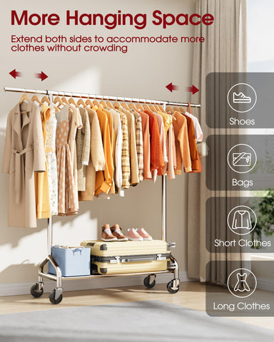 Sakugi heavy duty rack features smooth swivel wheels for easy movement.