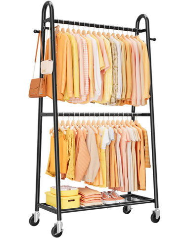 Sakugi heavy-duty clothes rack top view with dual hanging rods for extra storage.