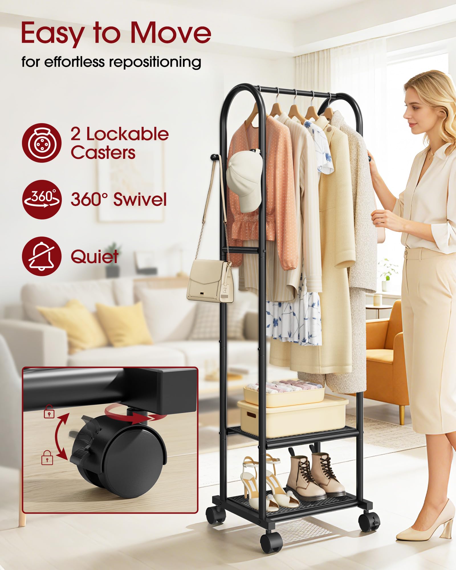 Sakugi lockable wheels keep the rack securely in place when needed.