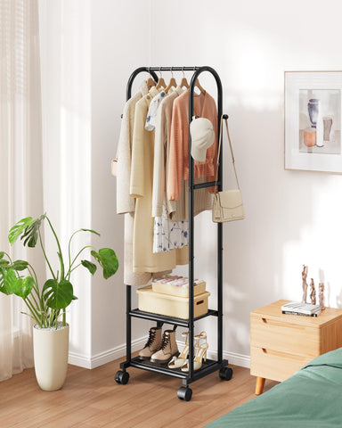 Sakugi heavy duty clothes rack top hanging rod keeps garments organized and accessible.