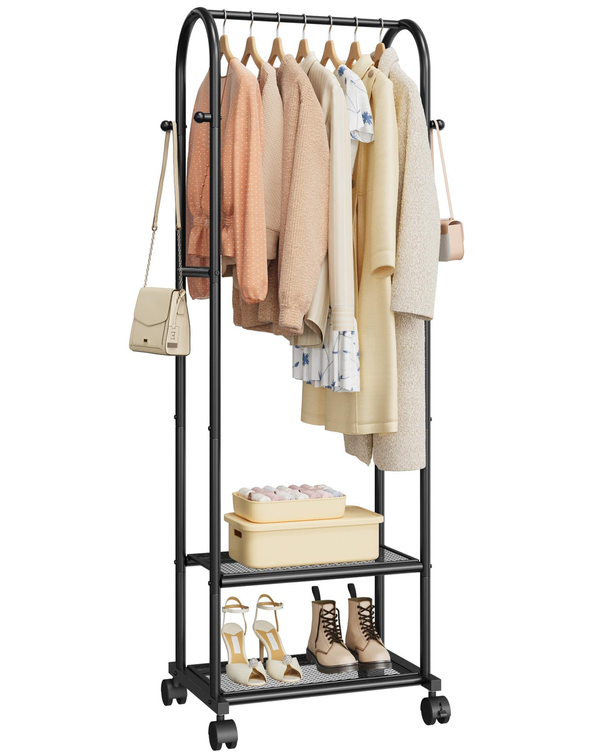 Sakugi heavy duty clothes rack with vertical frame saves floor space in tight rooms.