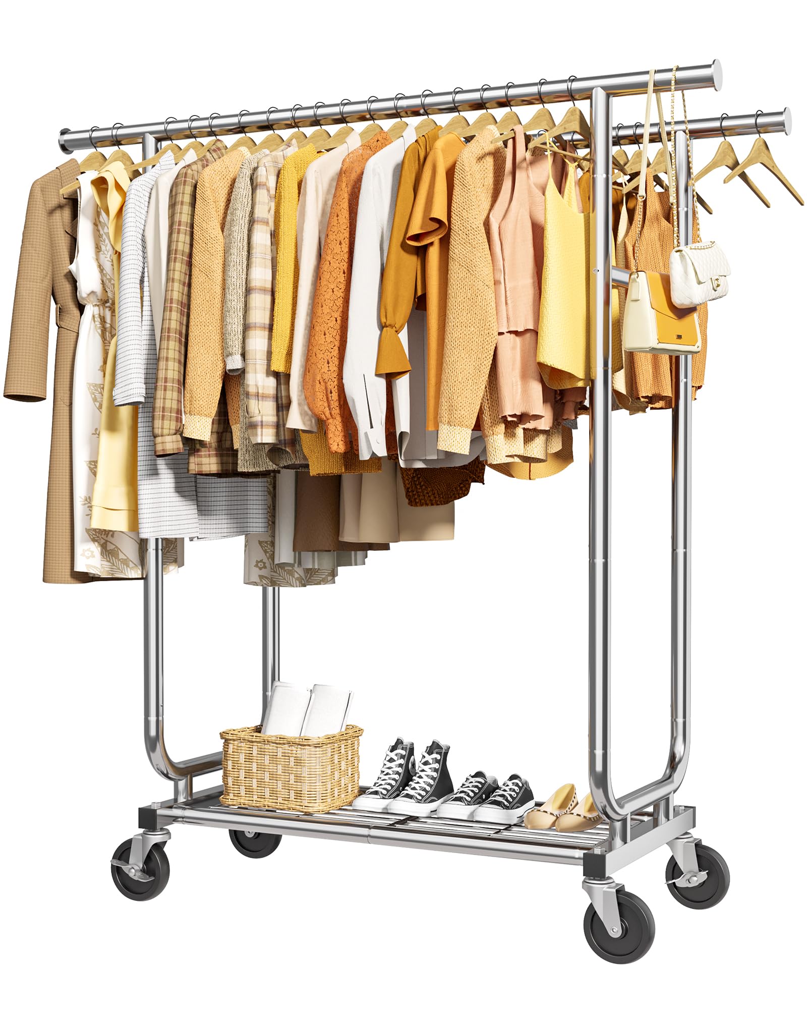 Sakugi heavy-duty rolling rack with mesh shelf for expanded garment storage