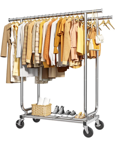 Sakugi heavy-duty rolling rack with mesh shelf for expanded garment storage
