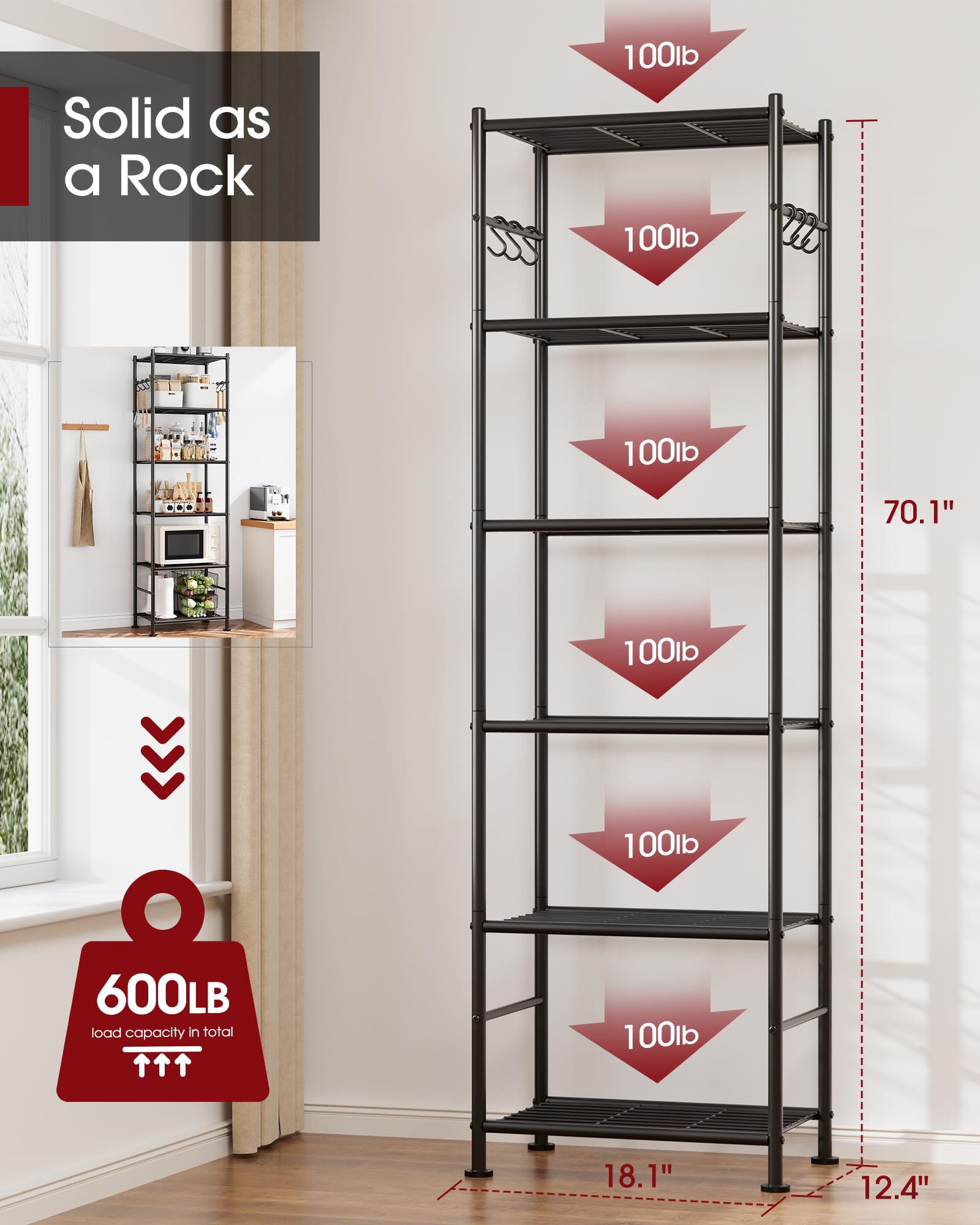 Sakugi heavy-duty shelving with leveling feet for wobble-free stability.