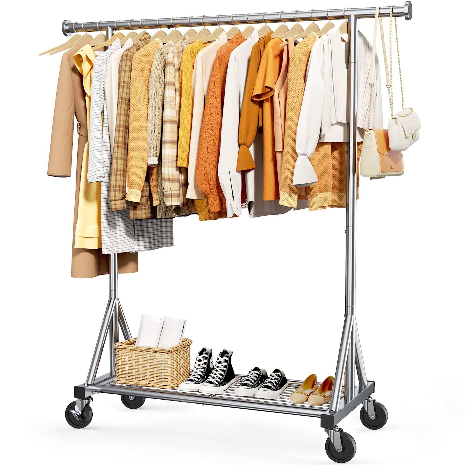 Sakugi heavy-duty stainless steel rolling rack with mesh shelf for organized closet space.