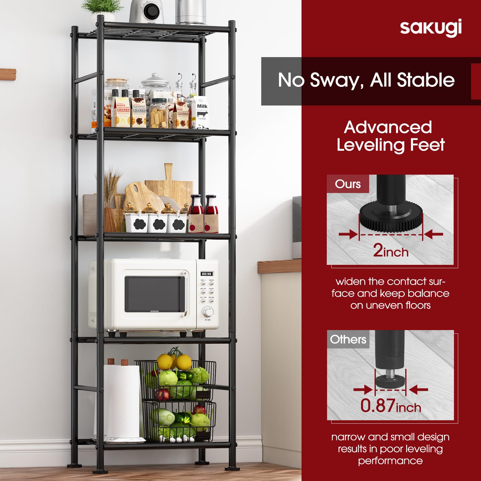 Sakugi shelves storing kitchen staples and appliances.