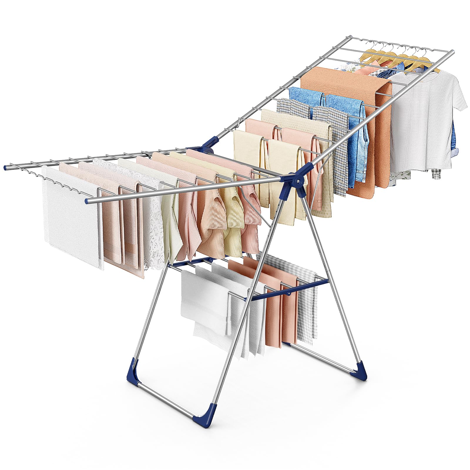 Sakugi clothes rack with height-adjustable wings enabling versatile indoor drying.