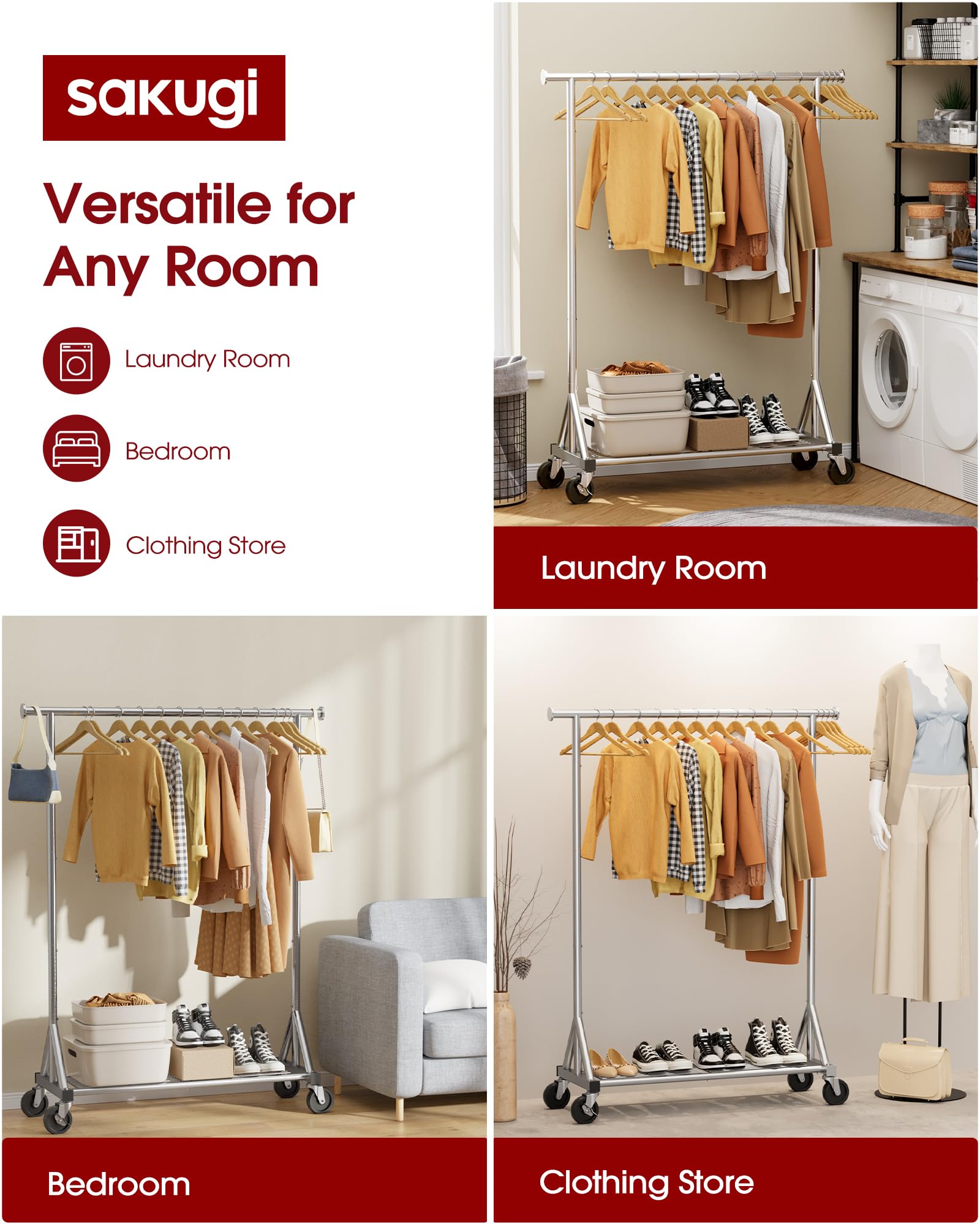 Sakugi rolling clothes rack with 4in swivel wheels for smooth effortless mobility.