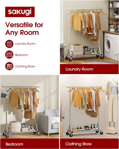 Sakugi rolling clothes rack with 4in swivel wheels for smooth effortless mobility.