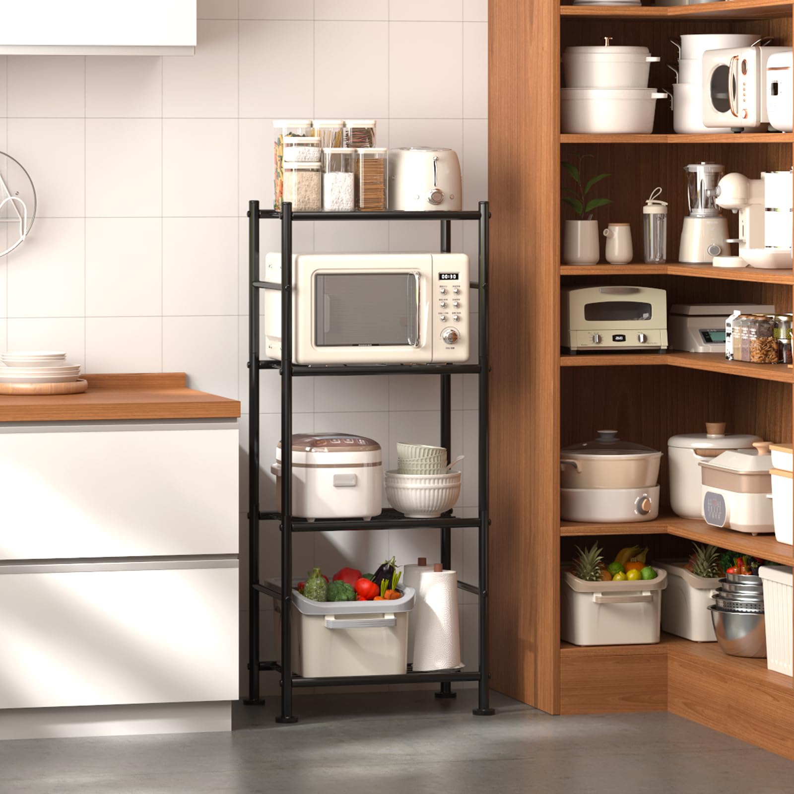 Sakugi shelves holding books and plants, stylish kitchen and home display.