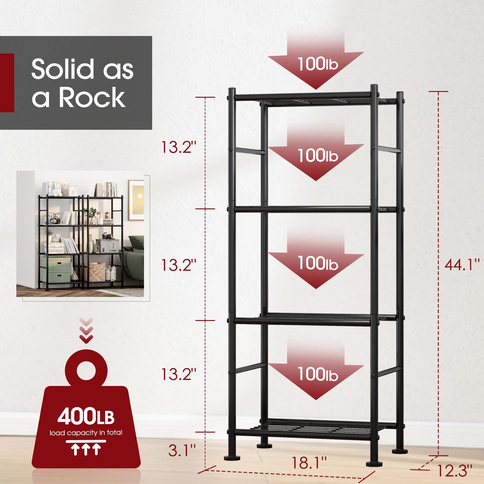 Sakugi storage shelves 2-pack, side view, sturdy metal frame with leveling feet for stability.