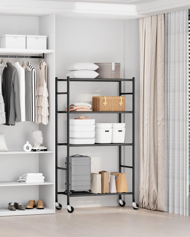 Sakugi Storage Shelves with wheels enables easy mobility for rearranging workspace or pantry.