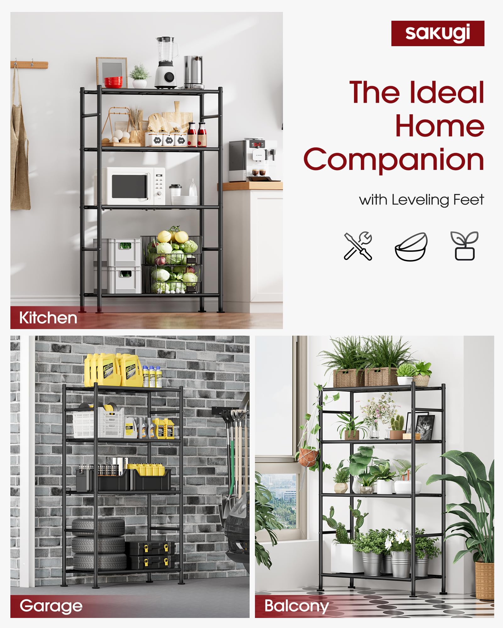Sakugi shelving in kitchen or pantry supports tools, appliances, and dry goods neatly.