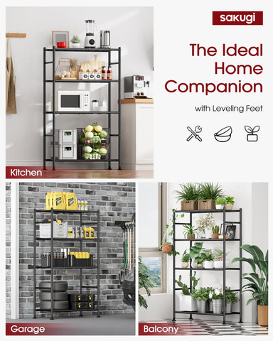 Sakugi shelving in kitchen or pantry supports tools, appliances, and dry goods neatly.