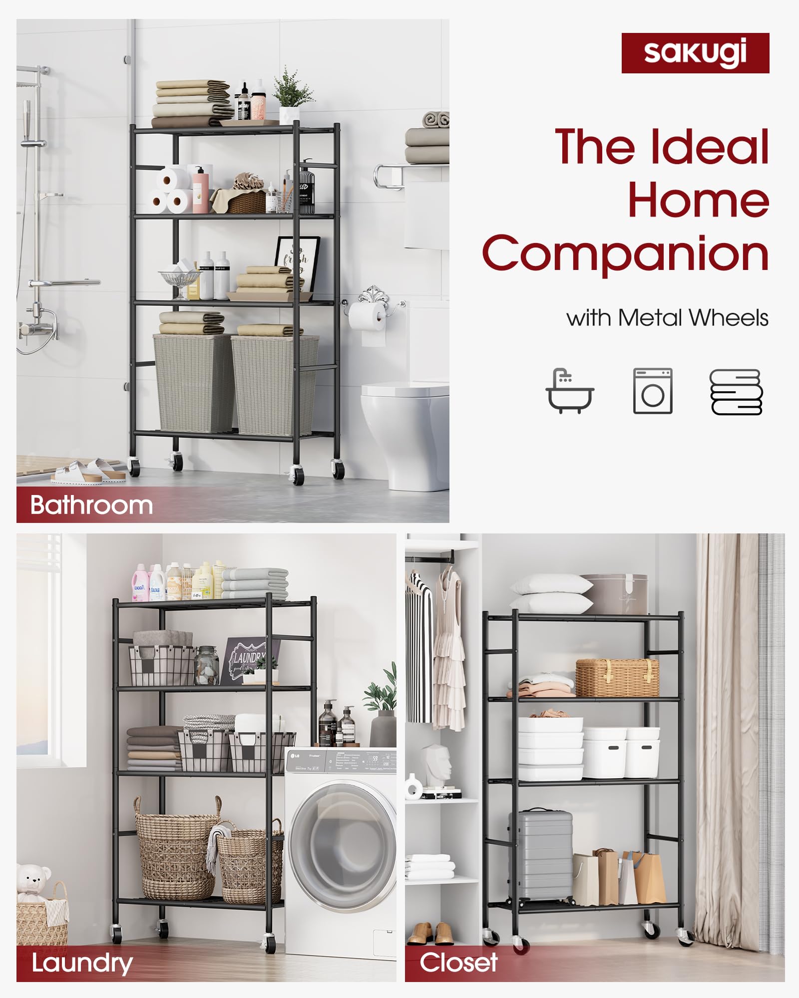 Sakugi storage shelves maximize vertical space, keeping essentials within reach in any room.